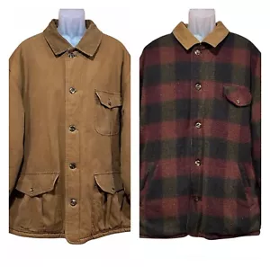 Lands End Reversible Wool Canvas Hunting Field Jacket Mens XL Plaid Brown Unisex - Picture 1 of 17