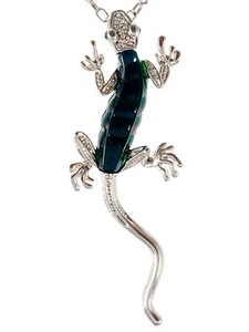 Silver Tone Green Resin Bead Body Water Gecko Lizard Crystal Pendant Necklace - Picture 1 of 4