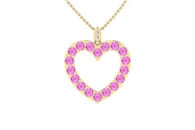 3 Ctw Round Cut Pink Sapphire 14K Solid Gold Diamond Heart Shape Pendant For Her - Image 1 of 4