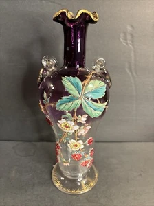 Antique Moser glass vase/flower form/Enamel/Purple Color/Czech C1925/High Relief - Picture 1 of 13
