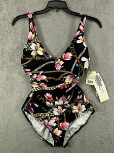 GOTTEX Womens Tummy Control One Piece Swimsuit Black Floral Chain Cross Size 6 - Picture 1 of 13