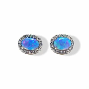 White gold finish Turquoise and created diamond Oval stud earrings  - Picture 1 of 4