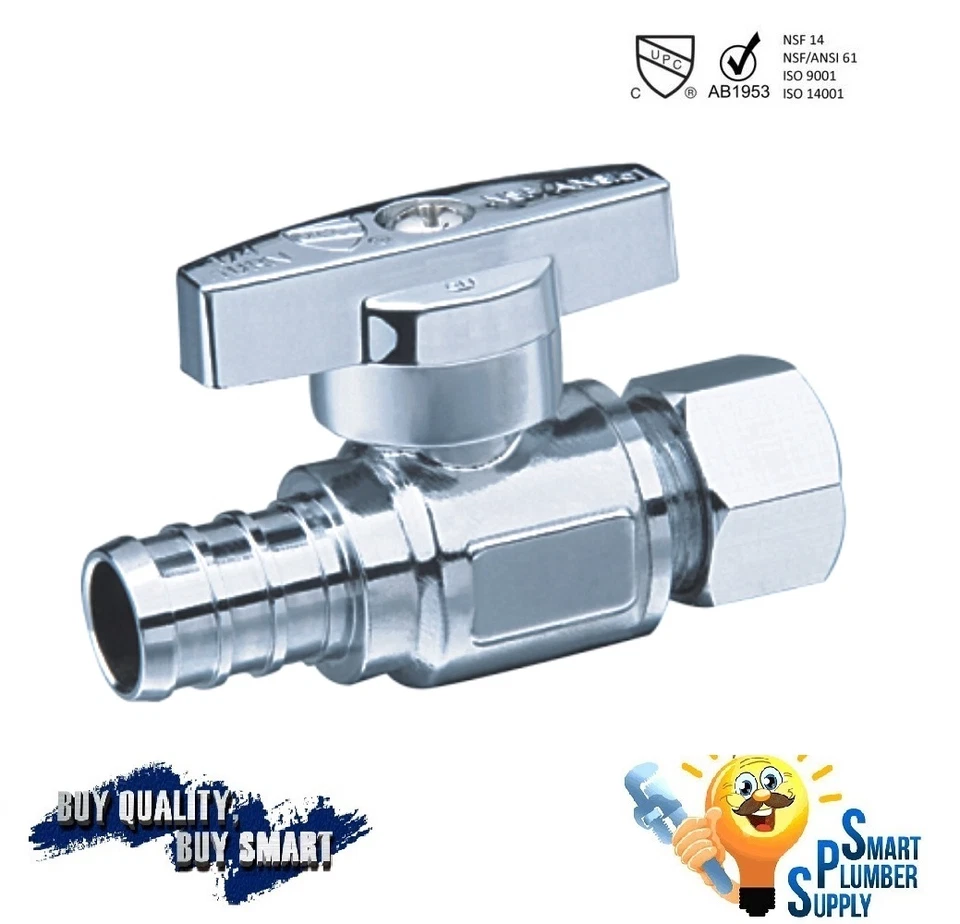 Pack of 200 Brass 1/4 Turn Straight Stop Valves 3/8" OD X 1/2" PEX (129-07S) LF - Image 1 of 1