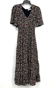 Lost + Wander Dress Womens XS Maxi Black Floral Print V Neck Short Sleeve Boho - Picture 1 of 12