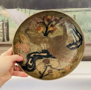 Vintage Enameled Brass Champlevé Cloisonné Style Peacock Decorative Footed Bowl - Bild 1 von 13