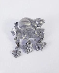 LCD Lindsay Claire Designs Pewter Cat Pin Brooch with Dangling Charms - Picture 1 of 10
