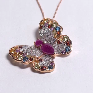 Park Avenue Ruby & Multi-Gemstone Butterfly 14k Rose Gold Pendant w/ 16in Chain - Picture 1 of 9