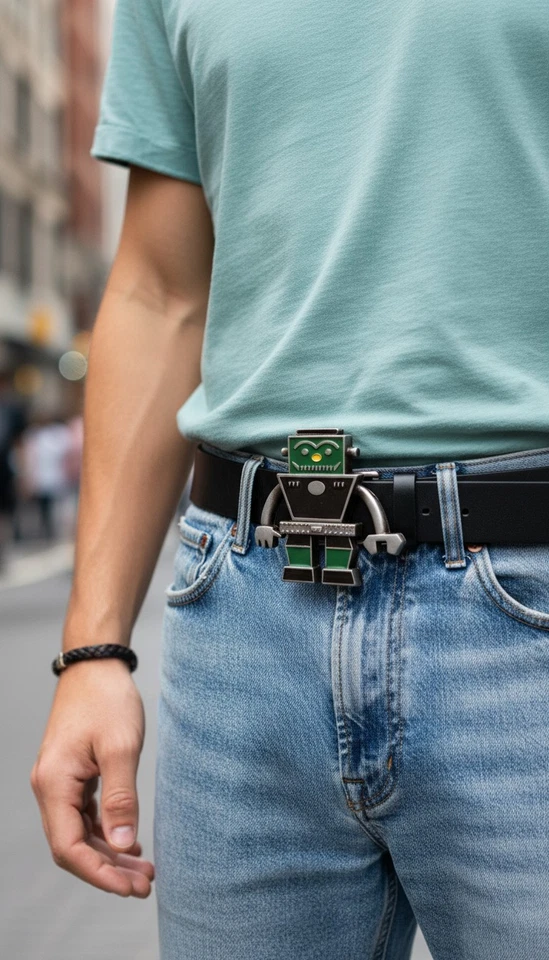 Nuovo Uomo/Donna Metallo Argento Moda Cintura Fibbia Robot Animazione Teen - Immagine 1 di 4