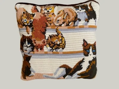 Needlepoint Pillow  of CATS Handmade and Complete Pillow Ooak Folk ART 15' x 14 - Image 1 of 4