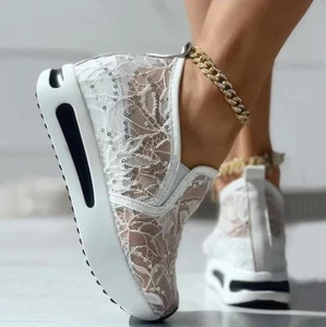 Sneakers Floral Embroidery Mesh Sneakers Women Slip on Casual Comfy Heeled Shoes - Picture 1 of 7