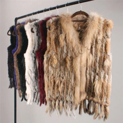 Women's Real Rabbit Fur Vest Gilet Tassels Raccoon  Fur Coat Knitted Waistcoat - Image 1 of 4