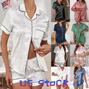 2PCS Women Satin Silk Pyjamas Suit Short Sleeve Soft Nightwear Sleepwear PJS Set - Picture 1 of 21