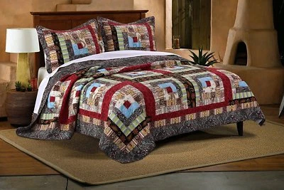 BEAUTIFUL LOG CABIN LODGE COUNTRY BLUE RED BROWN SOUTHWEST COZY BOHO QUILT SET - Image 1 of 3