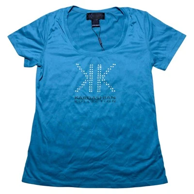 Camiseta para mujer Kardashian Kollection XL azul con logotipo de cuentas manga corta Foto 1 de 4