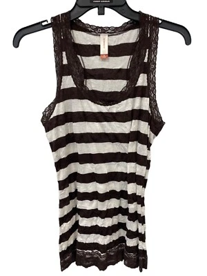 Camiseta sin mangas Y2K No Boundaries ribete de encaje a rayas cuchara media espalda deportiva marrón blanco Foto 1 de 4