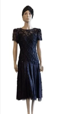 Vestido flapper de renda preto década de 1920 rugindo anos 20 Gatsby & Turbante M 9/10 - Imagem 1 de 4