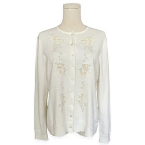 Lands End Embroidered Sequin Bead Cardigan Junior M Christmas Holiday NYE Ivory - Picture 1 of 8