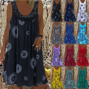 Womens Sleeveless Retro PRINT Summer Baggy Kaftan Lace Loose Top Dress Plus Size - Picture 1 of 25