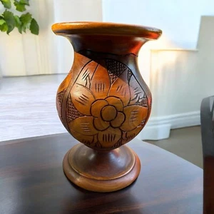 Vintage Hand Carved Turned Wood 10” Footed Vase Folk Art - Picture 1 of 6