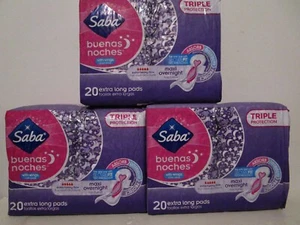 Saba Buenas Noches Overnight Maxi Pads with Wings 60 Pads (3 Packages / 20 Pads) - Picture 1 of 4
