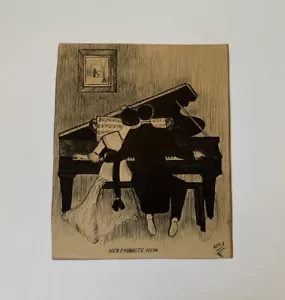 Pareja de dibujo de pintura antigua con música de piano 1912 ""Her Favorite Him"" firmado - Imagen 1 de 10