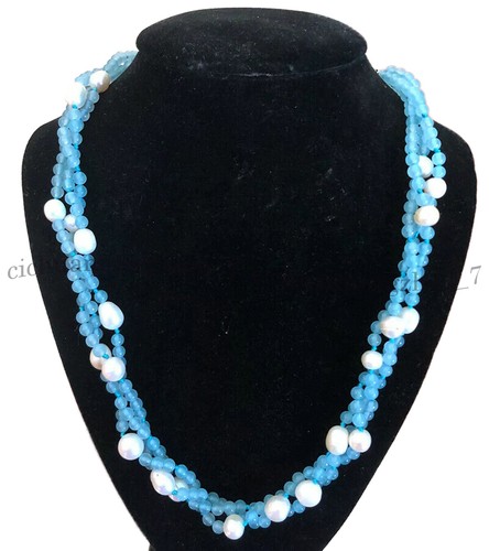 VETEMENTS "Collana Perline di Perle Barocche 3 fili 4 mm blu chiaro giada 7 8 mm bianco 20""