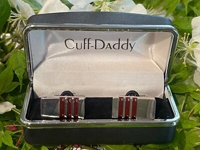 Cuff-Daddy Cufflinks 3 Stripe Purple Red Enameled on Silver Tone Brick Cube Box - Image 1 of 4