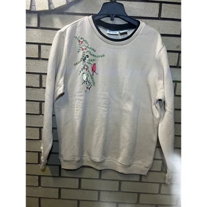 Sudadera De Colección Años 90 Blair Para Mujer Cuello Redondo Beige Bordada Pájaros Informal LG - Imagen 1 de 4