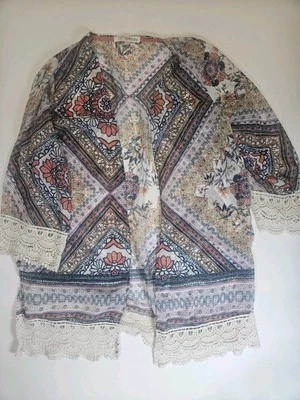 Mantón envolvente Rewind para mujer pequeño púrpura naranja geométrico floral boho flecos de encaje Foto 1 de 4