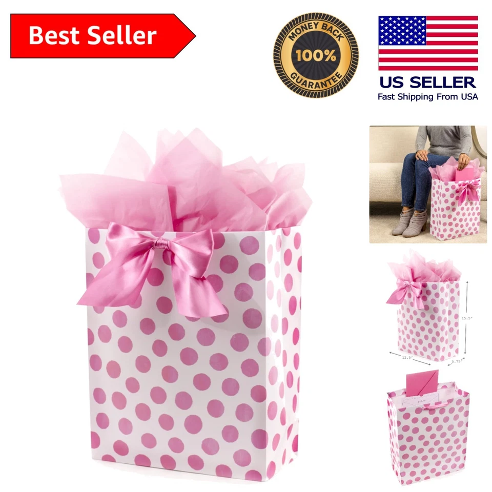 Encantadora bolsa de regalo de lunares rosa de 15,5" con lazo perfecta para cualquier celebración Foto 1 de 4