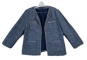 Talbots Women 12 Tweed Open Front Fringe Trim Boucle Jacket Navy Blue Classic - Picture 1 of 11