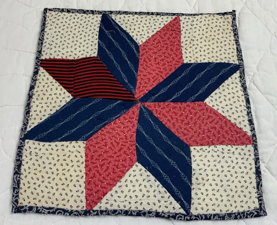 Antique Vintage Patchwork Quilt Table Topper, Star, Early Calicos, Red, Navy - Image 1 of 4
