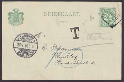 Tarjeta postal Curazao 2 1 2c usada 1903 a Alemania con franqueo adeudado hs Foto 1 de 2
