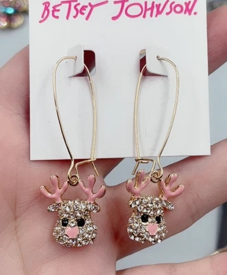 NEW AUTH Betsey Johnson Pave Reindeer Dangle Earrings Xmas Holiday Gift - Image 1 of 4