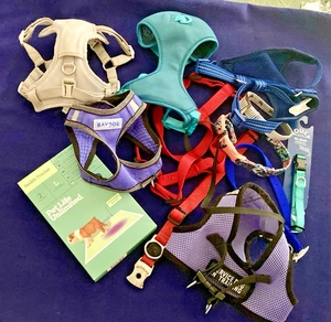 11 pc asst Lot S / M Dog Harnesses 6 Collars 5 + bonus Health Tracker Dog Pads - Picture 1 of 11