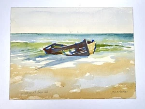 Jesse Morales Vtg Watercolor Painting Wrecked At Corolla Beach 9x12” Boat Ship - Picture 1 of 12