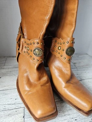 Antonio Melani Womans Buffalo Nickel Studded Brown Leather Tall Boots size 6.5 - Image 1 of 4