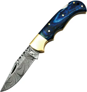 New FH Knives Lockback Damascus Blue BLUE-001 - Picture 1 of 3