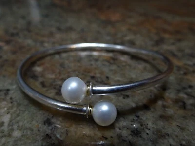 14k & Sterling Silver Bypass Bangle Bracelet w/8mm Pearl 7" - Image 1 of 2