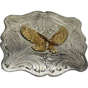 Vintage Alpaca Mexico Etched Nickel Silver/Gold Belt Buckle Eagle 4.25”x 3.5” - Picture 1 of 8