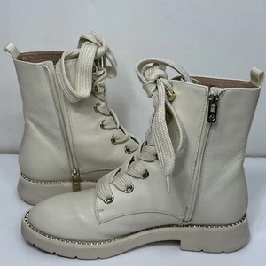 Antonio Melanie Combat Leather Boots Cream Sz 7.5 Peyyton Rhinestones Trim Lace  - Picture 1 of 11