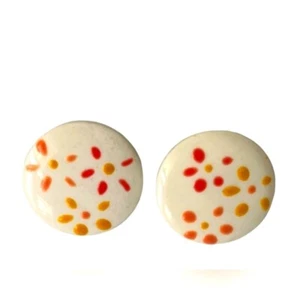 VINTAGE WHITE ENAMEL ROUND HAND PAINTED EARRINGS - Picture 1 of 4