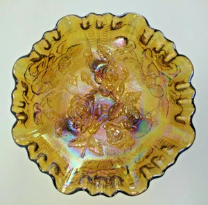 VTG IMPERIAL GLASS LUSTRE ROSE AMBER FOOTED RUFFLED BOWL IRIDESCENT CARNIVAL euc - Picture 1 of 12