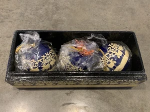 Vintage Painted 3 Wood Reindeer Blue Ornaments Blue Wooden Box Made in India - Picture 1 of 8