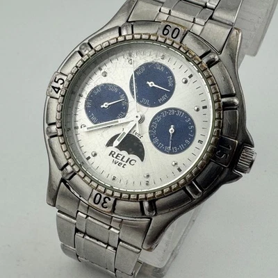 Relic Quartz Watch ZR15272 Men Moon Phase 50m Silver Fixed Bezel New Batter 7.5" - Image 1 of 4