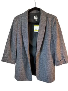 NWT Anne Klein Black Plaid Open Relax Fit Blazer 3/4 Sleeve Career Academia Med - Picture 1 of 8