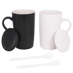 16 Unzen 2er Set Keramik Kaffeebecher mit Deckel und Löffel, Milchbecher Klassischer Becher Dri... - Bild 1 von 6