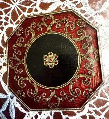 Vintage Jeweled  Coasters Floral design Red Enemeled  Hexagon 4X4" - Image 1 of 4