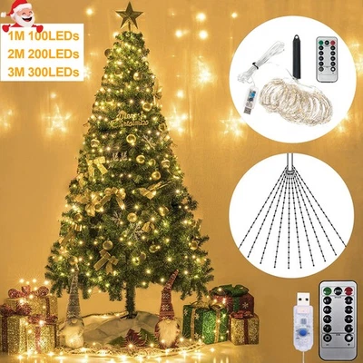 Outdoor Christmas Decor USB LED String Lights Waterfall Xmas Tree Light Remote - Image 1 of 4