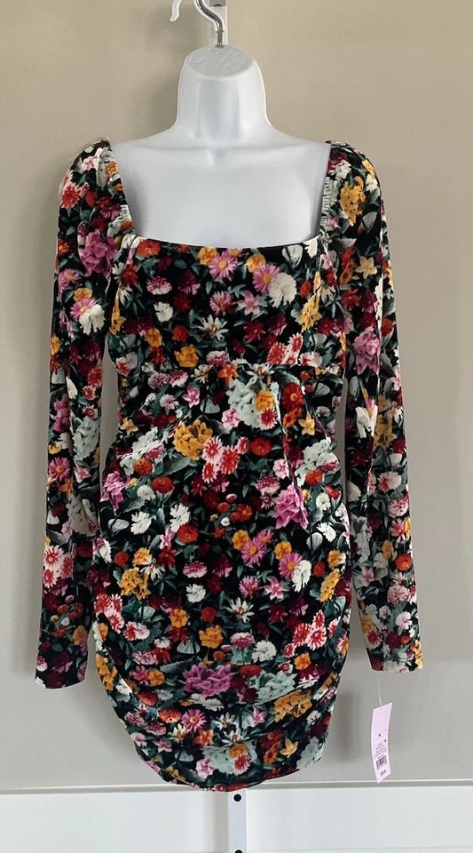 Wild Fable Floral Print Long Sleeve Velvet Ruched Bodycon Dress Juniors Medium